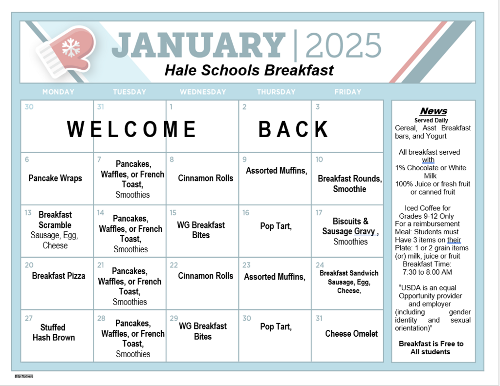 K12 Breakfast Menus Food Service Hale Area Schools
