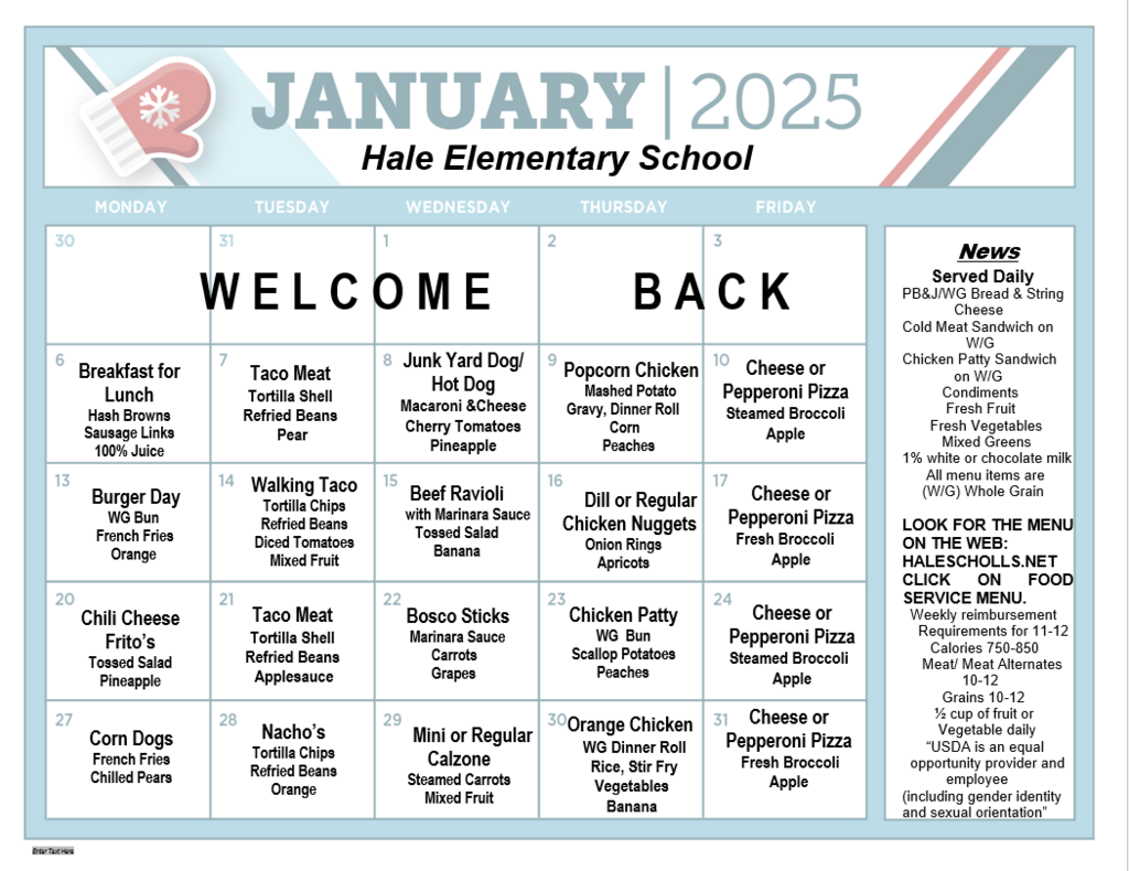 K4 Lunch Menus Food Service Hale Area Schools